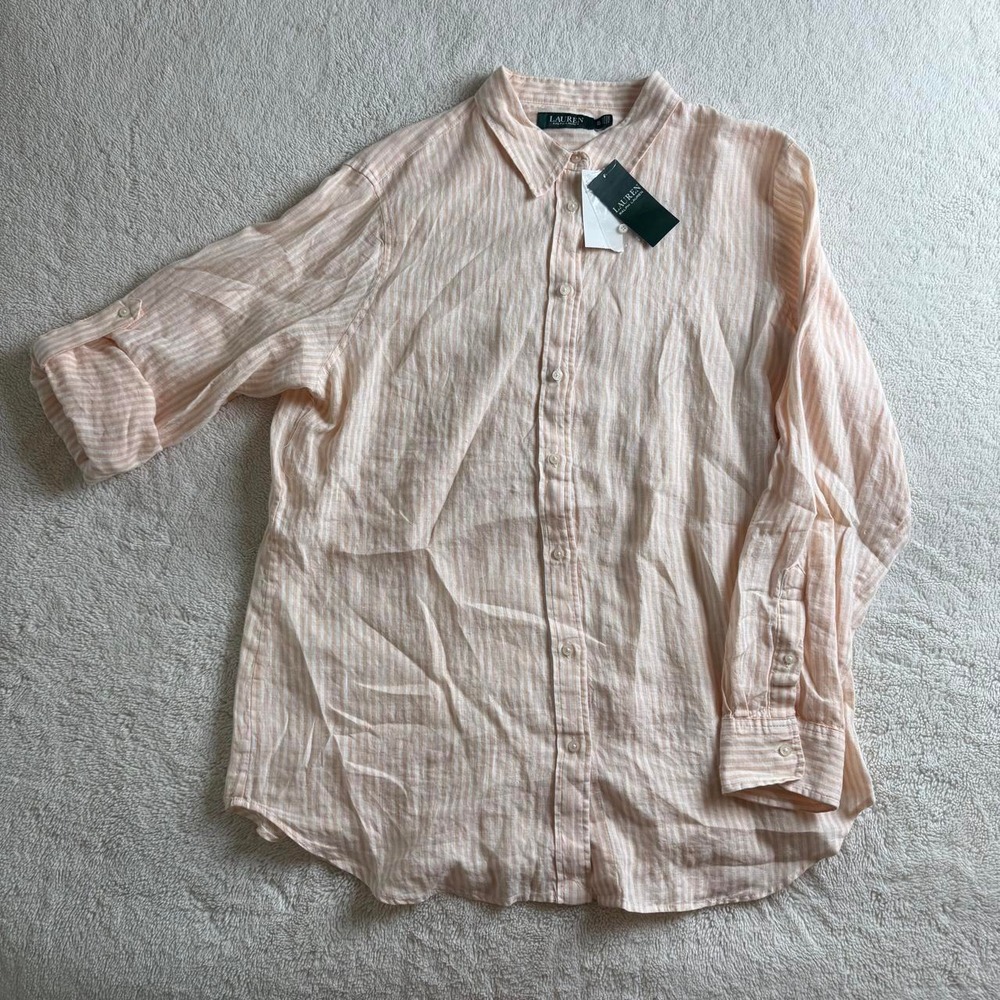 NWT lauren ralph lauren peach 100% linen stripe button down